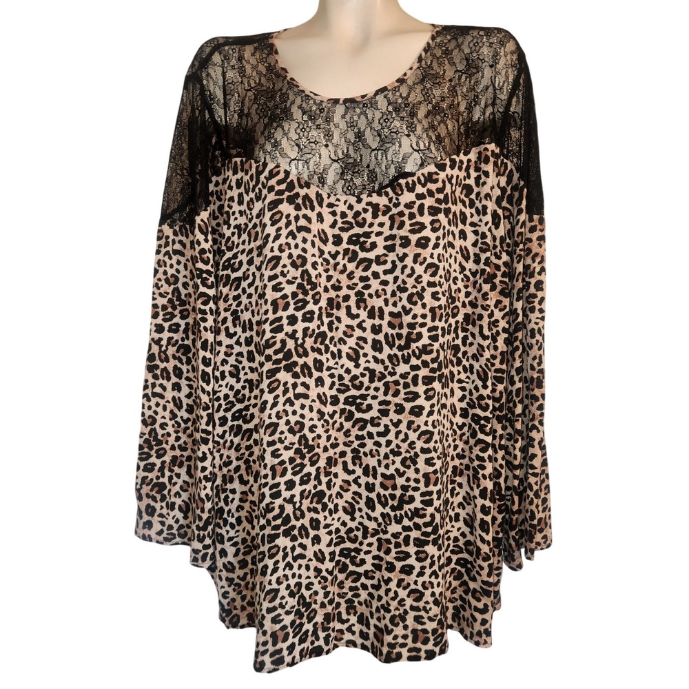 Torrid Leopard Print Lace Shoulder Long Sleeve Blouse 11097462 Brown Black